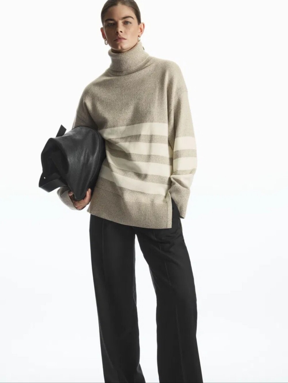 COS Oversized Gray and Cream Striped Turtleneck Sweater